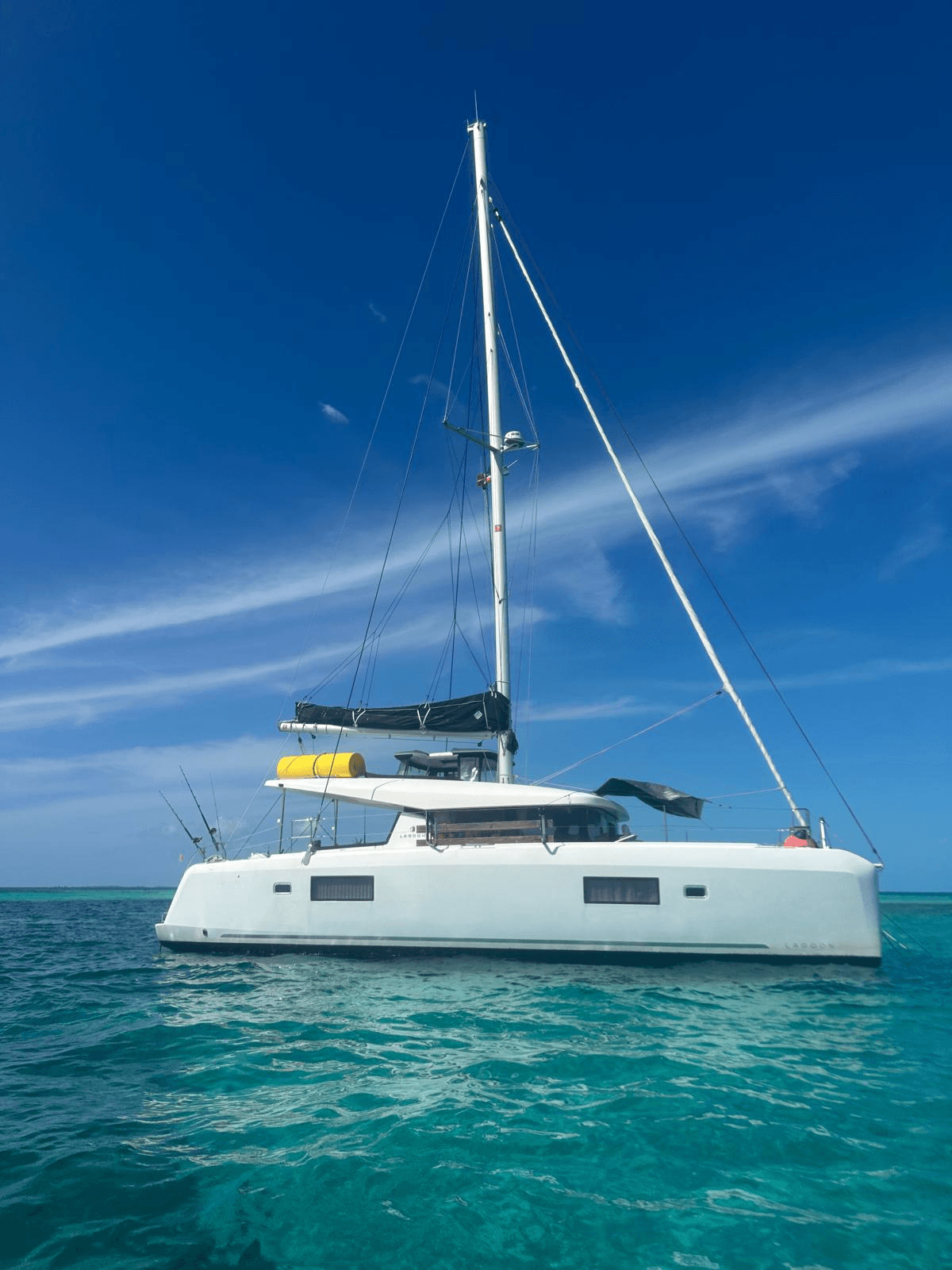Lagoon 42 sailing catamaran on turquoise water near Miami