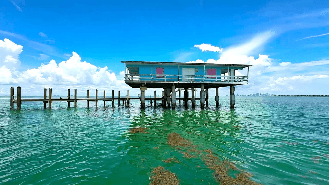 Historic Stiltsville house standing over Biscayne Bay near Key Biscayne