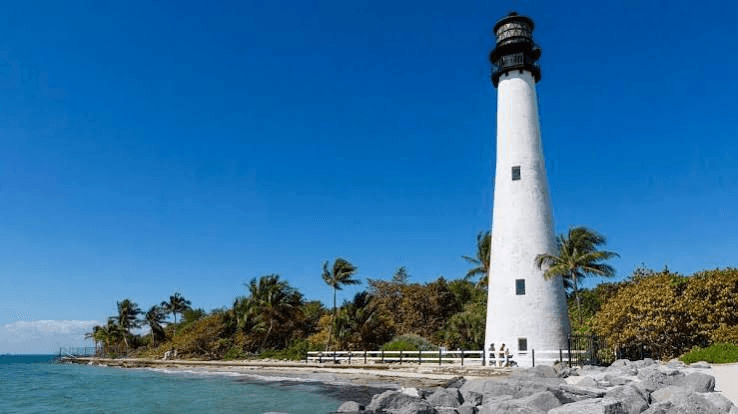 Cape Florida Lighthouse on Key Biscayne viewed near the water